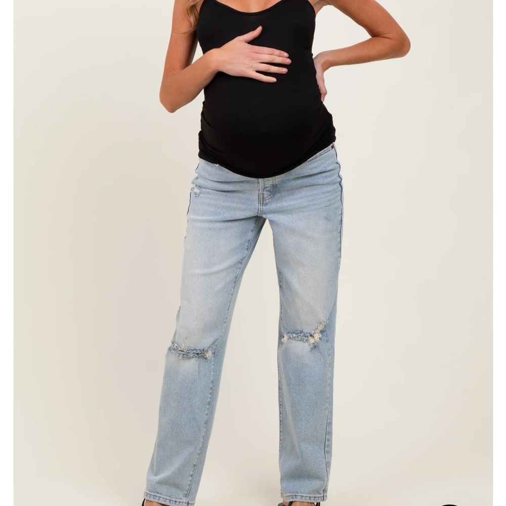 Pinkblush Light Blue Maternity Baggy Ripped Knee Straight Leg Maternity Jeans 29